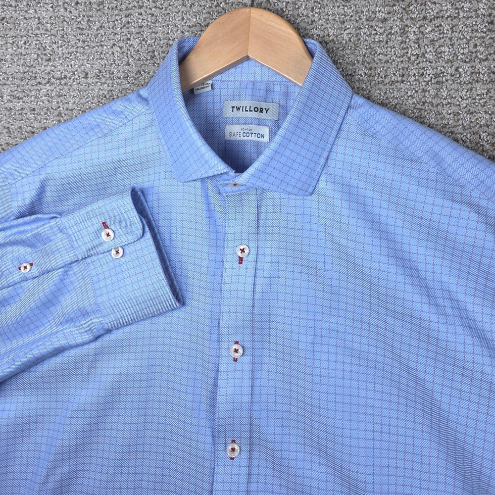 Twillory Mens Blue Safe Cotton Non-Iron Tailored Check Dress Shirt 17.5 36/37